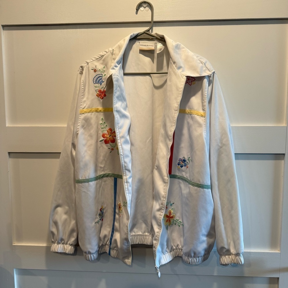 Alfred Dunner White Bomber Jacket with Colorful Embroidery